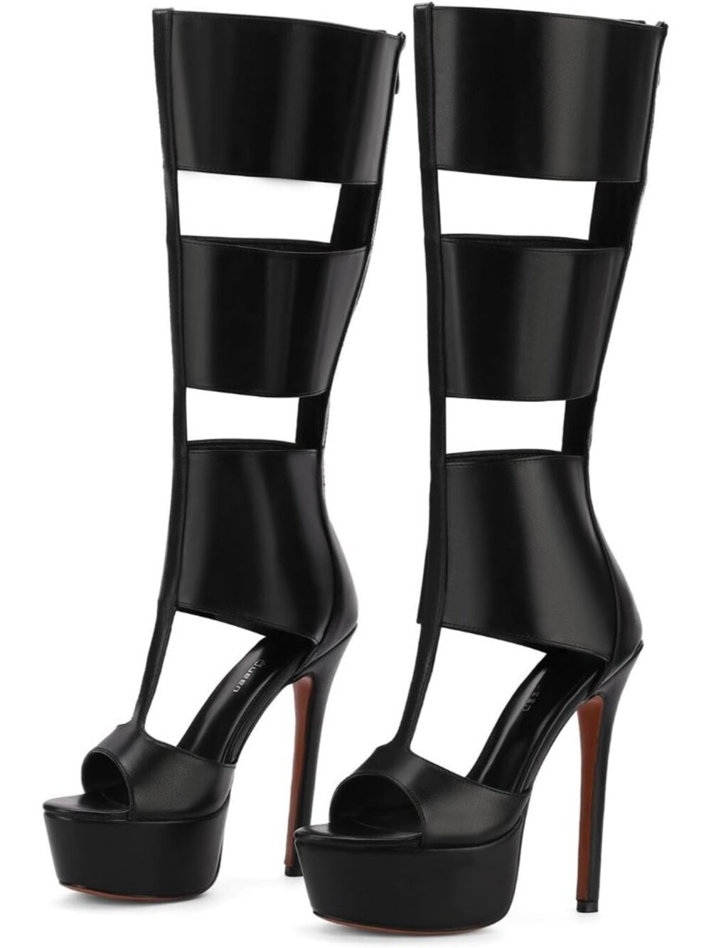 Women's Black Knee High Heels Gladiator Open Toe Summer Boots Black Heels Sandal